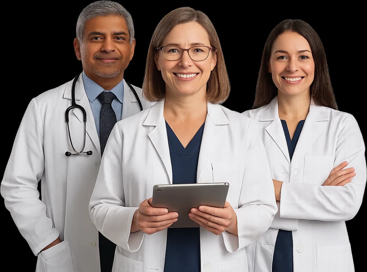 Three Radiology Experts physicians — two women and a man in white coats