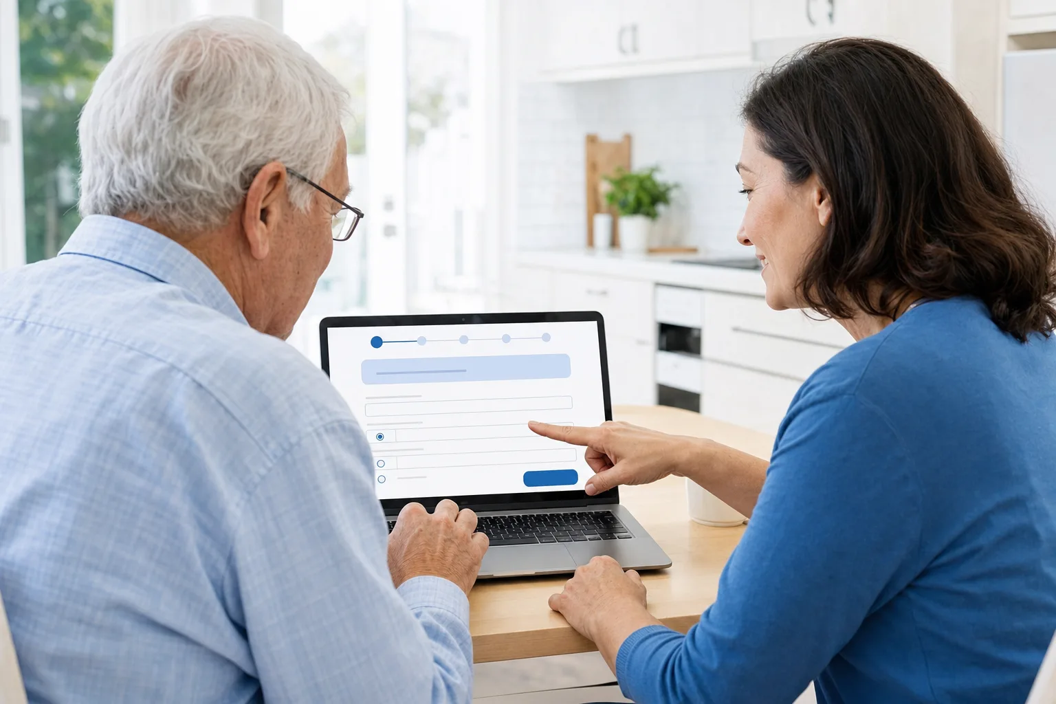 A senior man and his daughter completing a simple online form together on a laptop