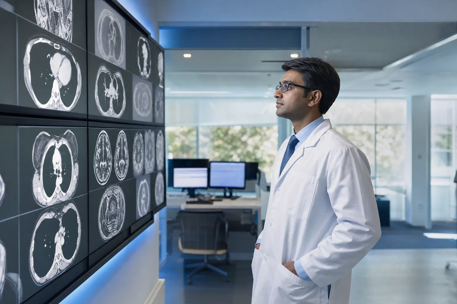 A radiologist carefully reviewing CT and MRI scans on a wall of monitors