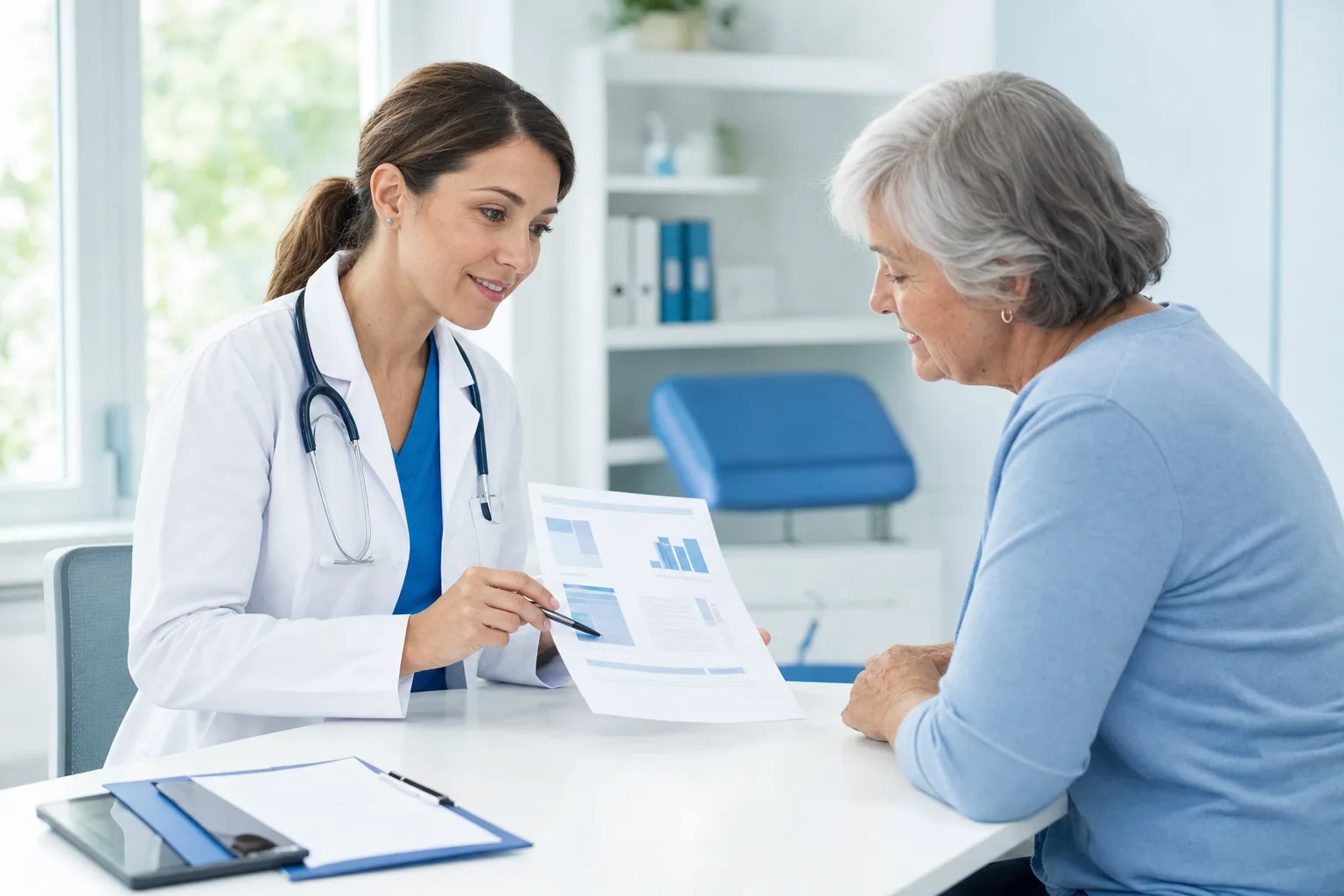 A physician explaining a written report to an older patient at a desk
